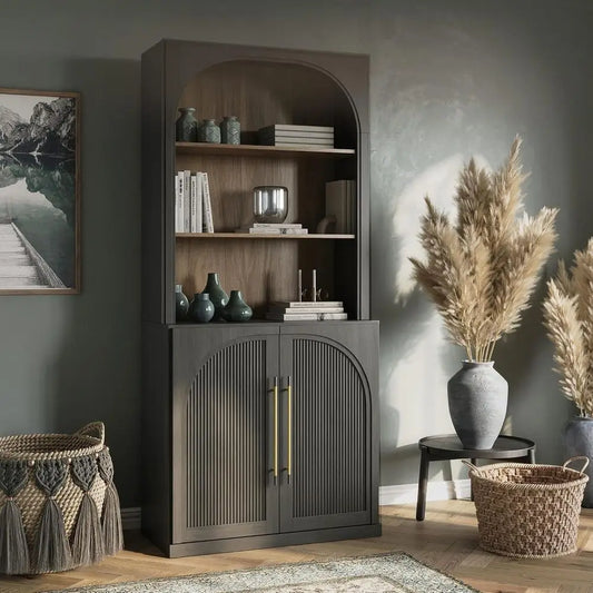 Elegant Tall Storage Cabinet with Hutch, Bookcase with Drawers, Decorative Freestanding Display Shelf, Wood Highboard for Living
