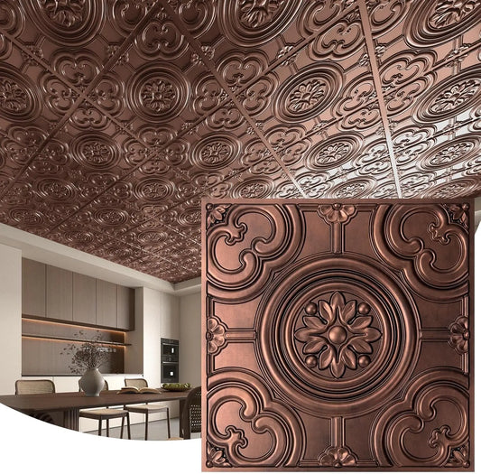 12-Pack 24"x24" Waterproof Glue-up Ceiling Tiles, Antique Copper Finish Drop Panels for Easy Installation