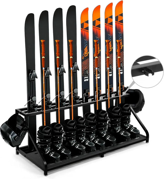 Freestanding Ski Storage Rack, Inclined Design for 8 Skis, 4 Boots, 2 Helmets, No Tipping Over, Holds Up to 240LB
