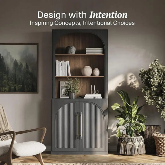 Elegant Tall Storage Cabinet with Hutch, Bookcase with Drawers, Decorative Freestanding Display Shelf, Wood Highboard for Living