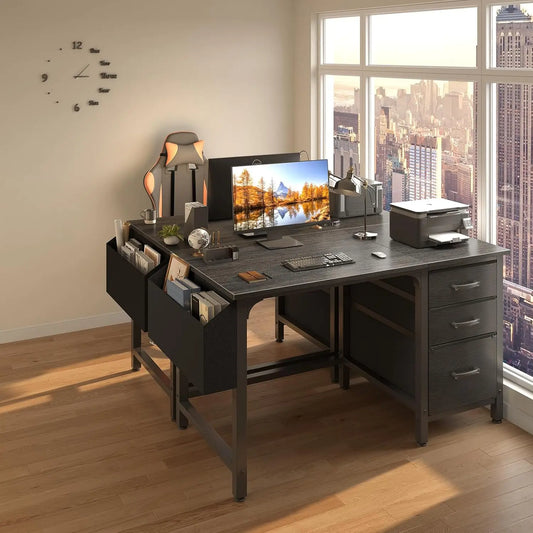 47 Inch Reversible Home Office Desk with File Drawers Cabinet for Small Space, Gaming Study Writing Table