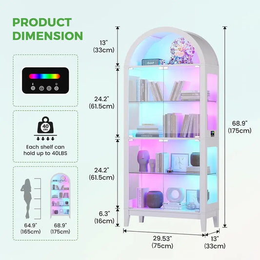 69 Tall 5-Tier Tempered Glass LED RGB Lighted Display Cabinet, Floor Standing White Bookcase for Living Room