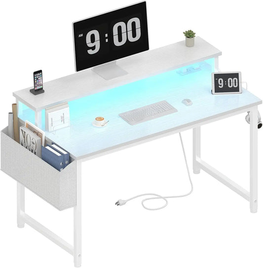 40 Inch Computer Desk with LED Lights, Power Outlets, Monitor Stand, and Charging Station for Home Office or Gaming
