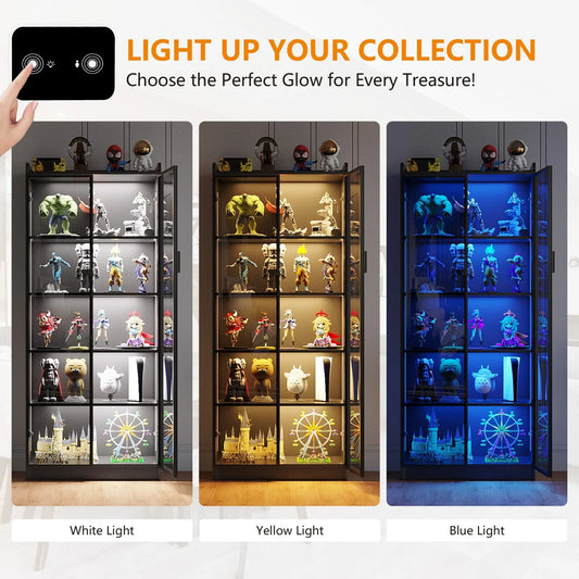 Display Cabinet with Acrylic Doors, 5-Tier Curio Cabinets with 3 Color LED Light