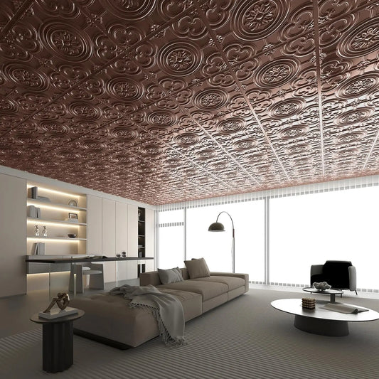 12-Pack 24"x24" Waterproof Glue-up Ceiling Tiles, Antique Copper Finish Drop Panels for Easy Installation