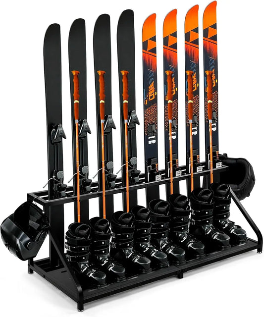 Freestanding Ski Storage Rack, Inclined Design for 8 Skis, 4 Boots, 2 Helmets, No Tipping Over, Holds Up to 240LB