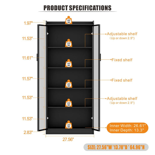 Display Cabinet with Acrylic Doors, 5-Tier Curio Cabinets with 3 Color LED Light