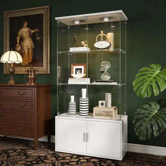 Double-door 4-layer Cabinet: Storage/Display/Wine/File, Remote PAIPAI Lights, Adjustable Feet, Living Room White